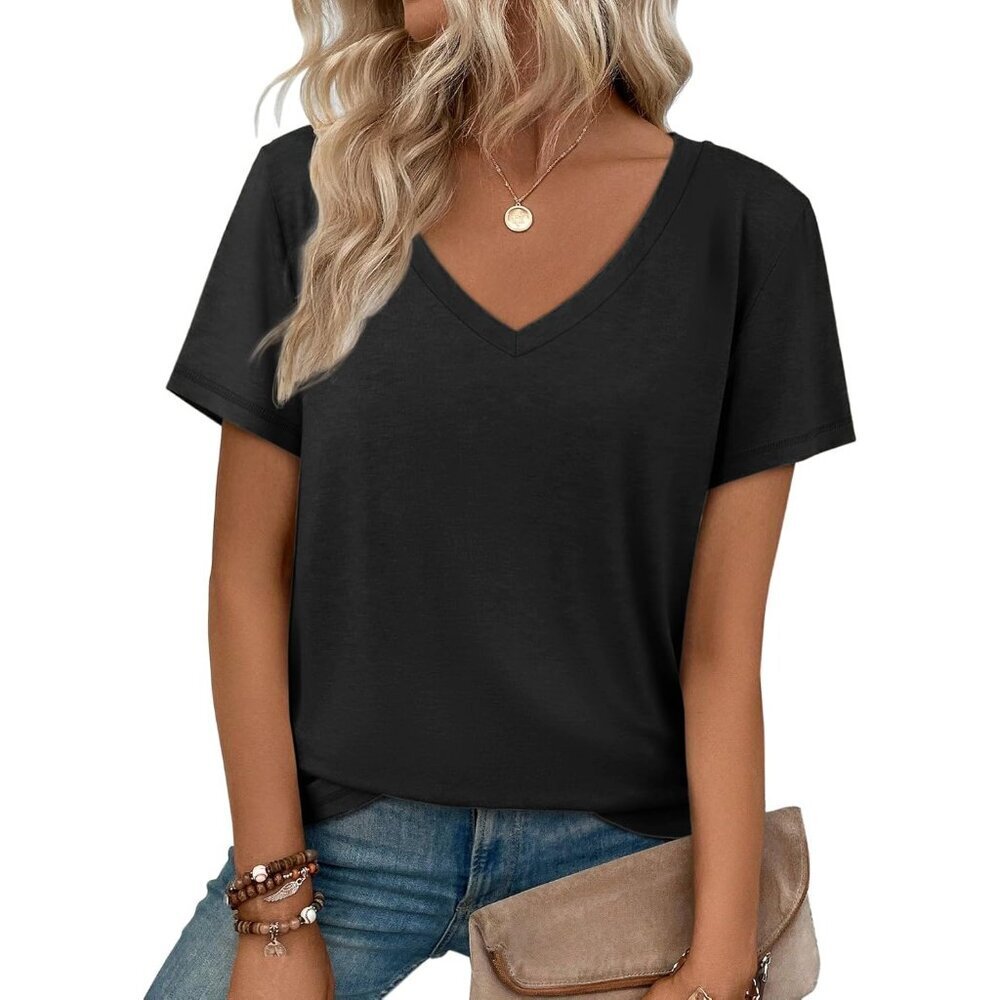 Women’s Short Sleeve V Neck T Shirt Cotton Blend Casual Summer Top